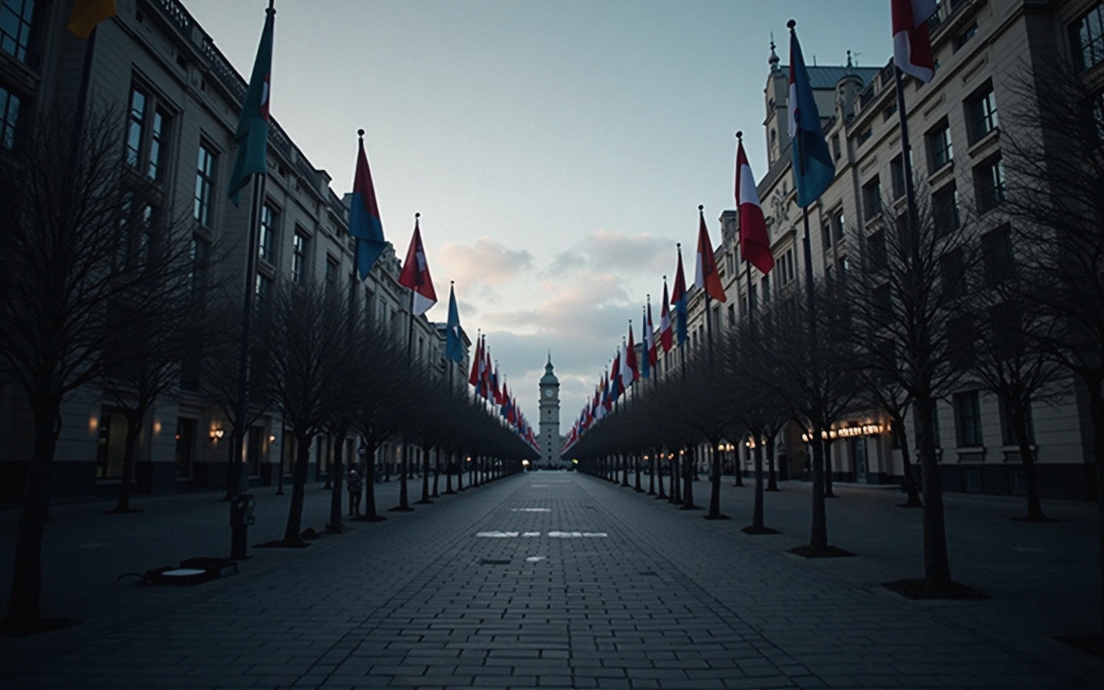 Flag-lined avenue leads toward a clock tower at dusk between symmetrical buildings